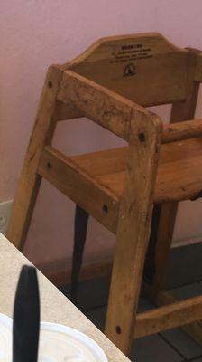 A dirty high chair for the kids.