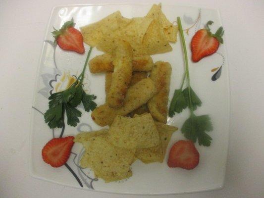 Tasty Mazzarello Sticks comes with corn chips or Shoestring French fries.