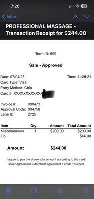 My receipt (with the CC last digits blocked out), showing that I was charged $200 (and, even so, still tipped)