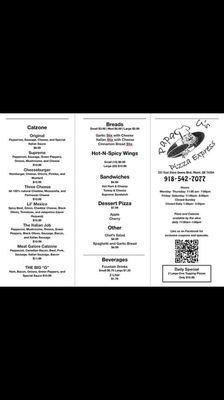 Menu from their Facebook page "Papa G's Pizza Express"