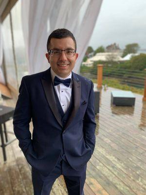 Navy Blue Tux with Black Lapels. (Please excuse the raindrops).