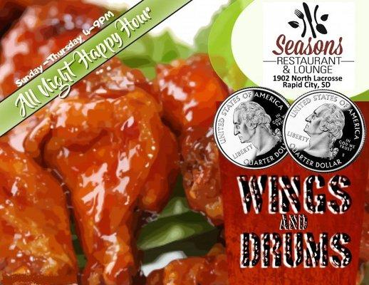 Our Wings & Drums are on Happy Hour Special All Night - Sunday thru Thursday at just 50 cents a piece!