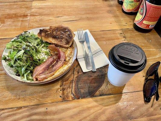 Bacon and eggs.  Coffee and some salad.