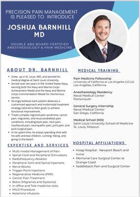 Precision Pain Management welcomes Dr. Joshua Barnhill.