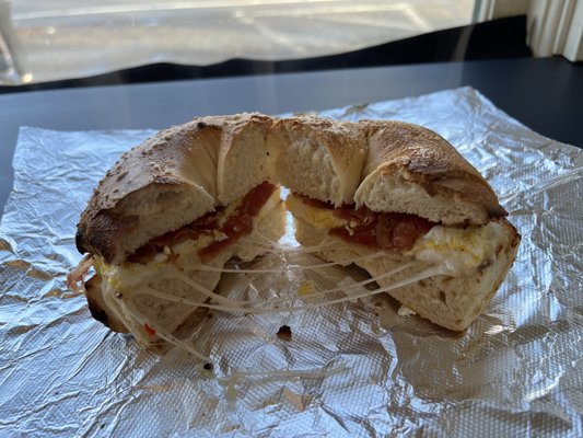 Bacon, egg, cheese on a salt bagel