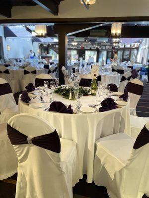 White Table Linens, White Chair Covers w/Plum Spandex Bands & Rhinestone Wraps, Trio Stemmed Glassware w/Floating Candles