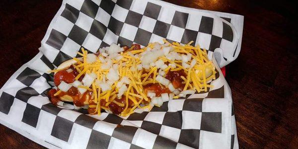 Large Hot Dog with Chili, cheese and onions for $5