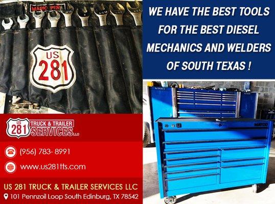 The US 281 family provides latest tools and equipment to it's diesel mechanics at their truck repair shop in Edinburg Texas