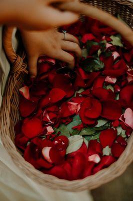 Red rose petals for flower girls