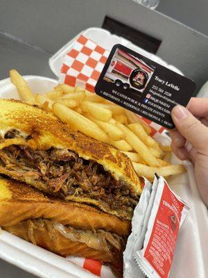 Grilled cheese pulled pork sandwich with fries