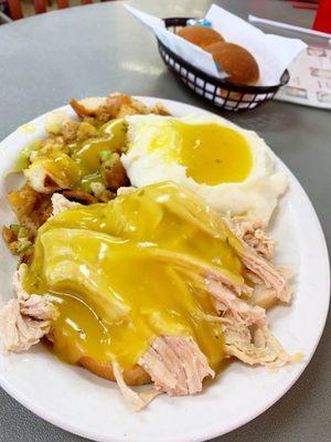 Open Face Turkey Sandwich with Stuffing and Mashed Potato