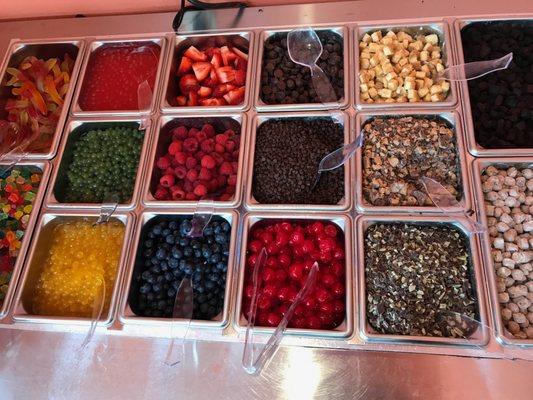 Our toppings bar includes fresh berries, chocolate pieces, gummy candy, peanut butter cups, cheesecake/cookie dough/brownie bites, & boba!