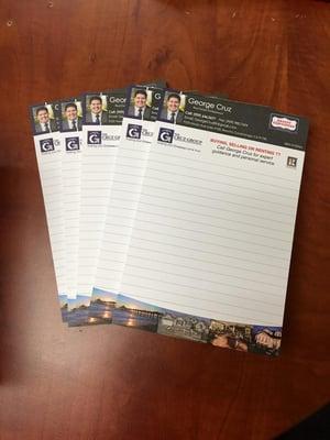 Now offering"Notepads" printed either 1 or 2 sided. Full Color and 25 or 50 sheets each book.
  More Info: 909-217-7144