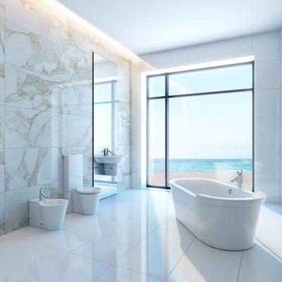 Kholer soaking tub, Moen faucets, TOTO toilet +bidet, Tempered glass Milguard window, Porcelain tile walls + floors