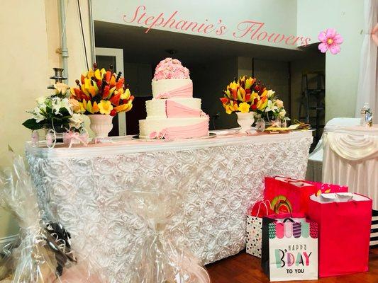 Cake Table With Our Fresh Fruit Arrangements