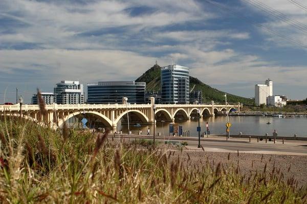 View of Tempe, the Mill Ave. bridge and Tempe Town Lake