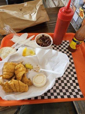 Fried sole with red beans and rice