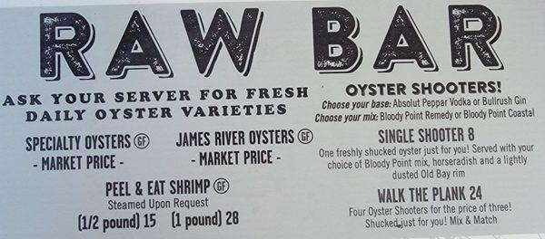 Raw bar menu