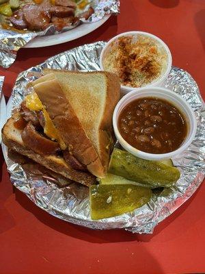 Kielbasa melt with slaw & the standard sides of Beans & Slaw - Just like I remember it, incredible