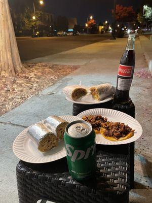 Torta de carne azada, tacos del pastor, small chicken burrito. Coke and Sprite