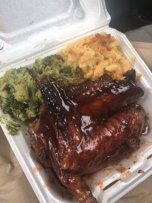 Bbq turkey wings..... Mac and cheese and broccoli as sides.