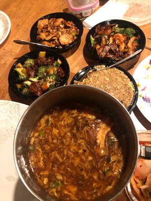 Hot and sour soup, Beef with Broccoli, Kung Po Chicken, Shrimp Hunan Style, Fried Rice