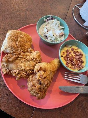 2 piece fried chicken with two sides: Cole slaw and cheesey hashbrown casserole...AND THAT ROLL!!