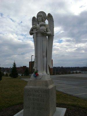 Beautiful statue of Saint Michael. Engraved on the base is "Holy Michael Archangel defend us in the day of battle".