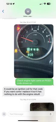 Check engine light has nothing to do with engine rebuild as you can see in his text