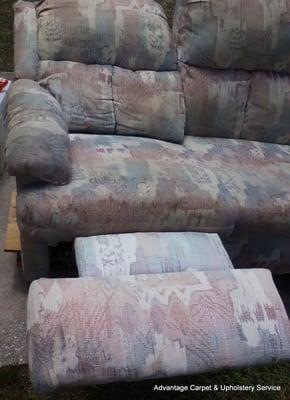 Pre-clean 15+ yr old sofa. Pets, indoor smokers, children. Left side view.