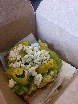 Gluten free avacado toast with blue cheese and pepperchinis. Dont judge my cravings