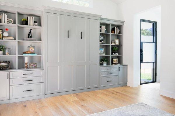 Beautiful gray finish, shaker style cabinetry, Murphy Bed home office design.