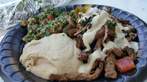 Beef shwarma plate and fresh hummus