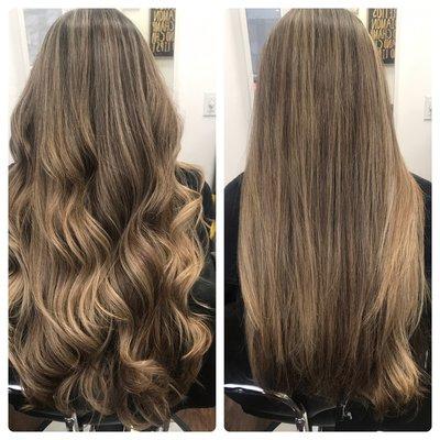 Full highlight, root shadow and toner, trim and styled wavy vs straight.