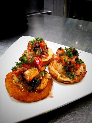 Fried Green Tomatoes with grilled shrimp and a smoked peach salsa