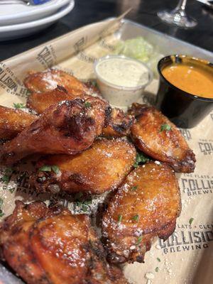 Wings with the sauce and chipotle ranch on the side...Honorable mention: the celery ribbons! Omg, so good!