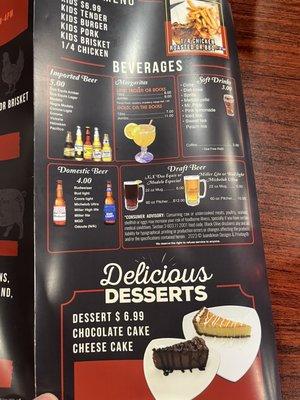 Drink and dessert menu