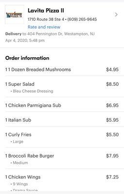 Our order from Grubhub!