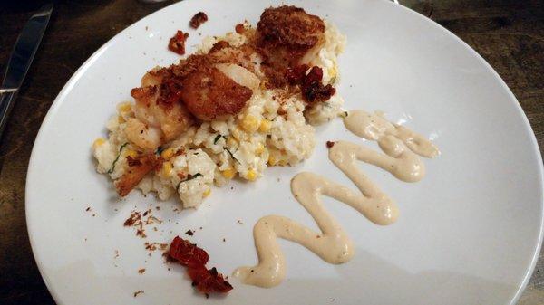 Nothing like previous orders of this dish.  Overcooked mangled scallops, clumpy risotto.  Careless plating.  Disappointing.