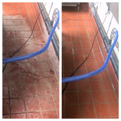 Behind the equipment at a restaurant. We cleaned this tile and grout using our trailer mounted extraction system.