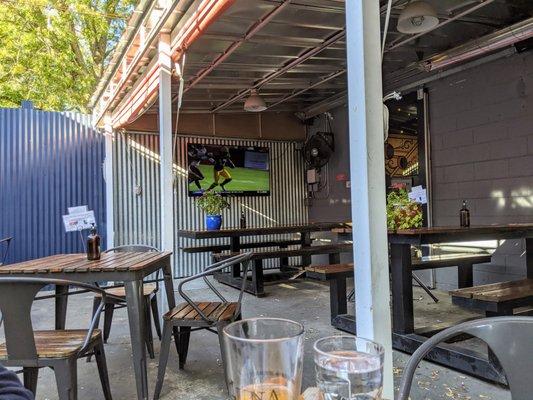 Outside on the patio. Part of the patio is covered and has a TV. They were playing NFL Red Zone during our visit today. Lots of heat lamps.