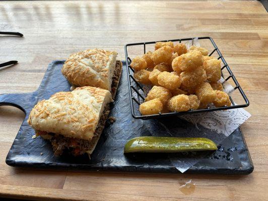 Ribeye Cheesesteak and tots