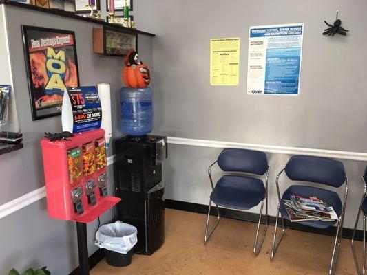 Water fountain and candy machine in the lobby