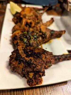 Lamb Lollipops. $27. French rack of lamb marinated in masala spices and cooked to a tender and charred medium well. Best I've had. No joke.