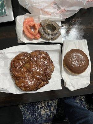 Custard filled, Strawberry old fashioned, Blueberry old fashioned, Apple fritters