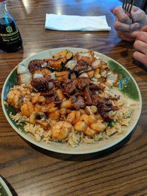 Shrimp, marinated, steak, veggies, fried rice