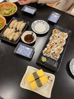 Gyoza, tamago, and tempura roll