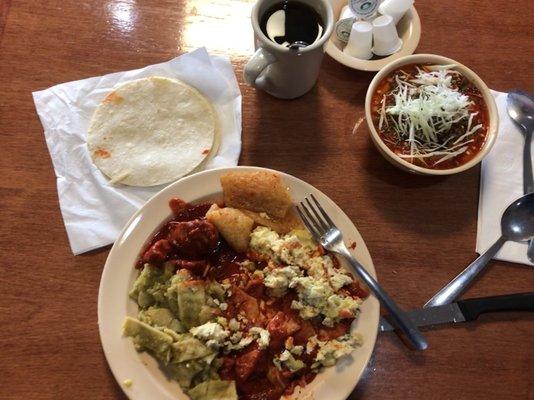 Chilaquiles rojos y verdes (red/green), Carnitas, and Menudo... all of it, amazing!