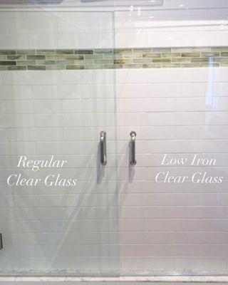 Standard clear glass has a green hue due to naturally occurring iron. Low iron glass will have a more clear appearance.