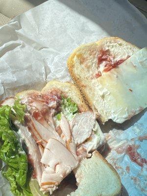 Mayo sandwich with one piece of turkey